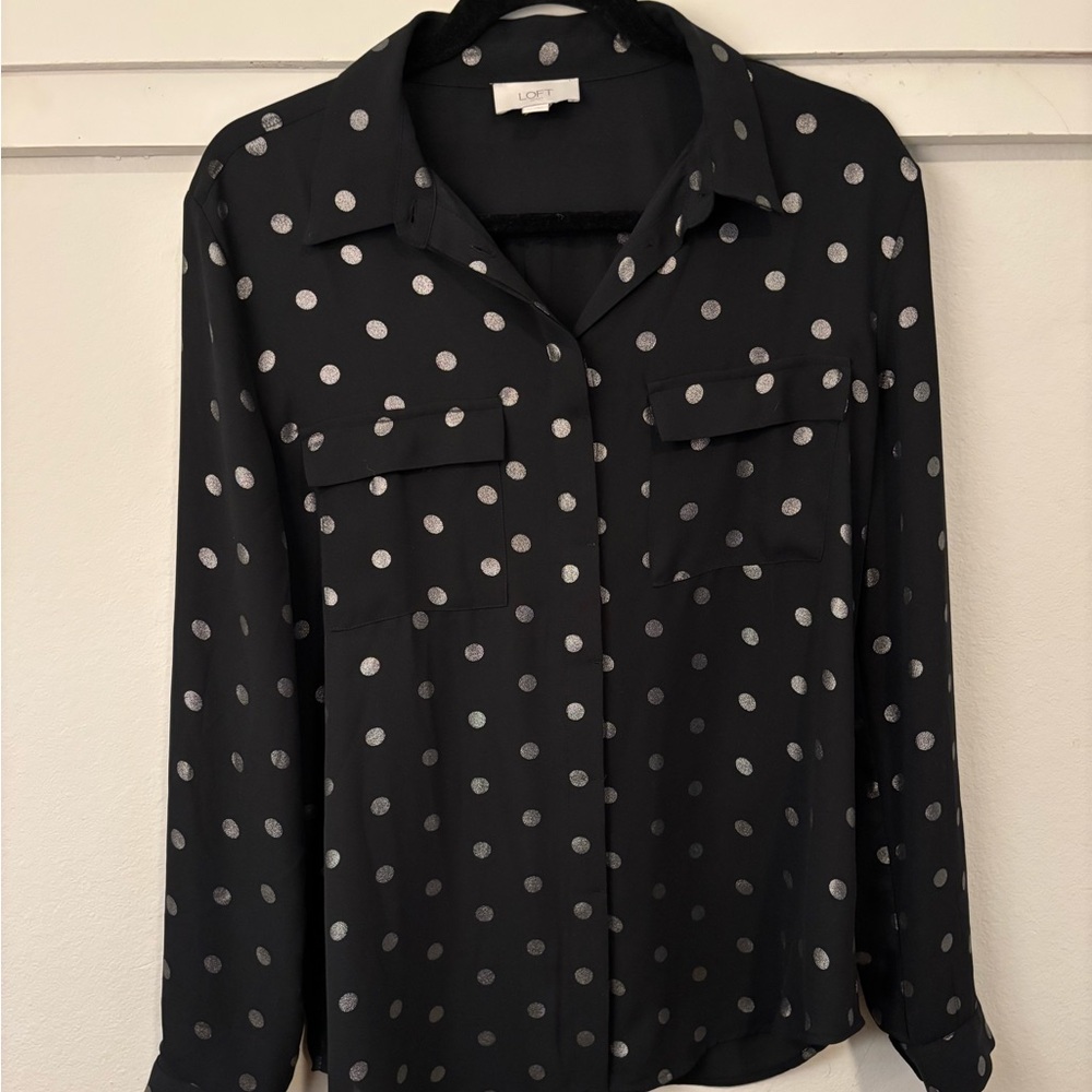 LOFT Dark Shirt with Light/Silver Polka Dots